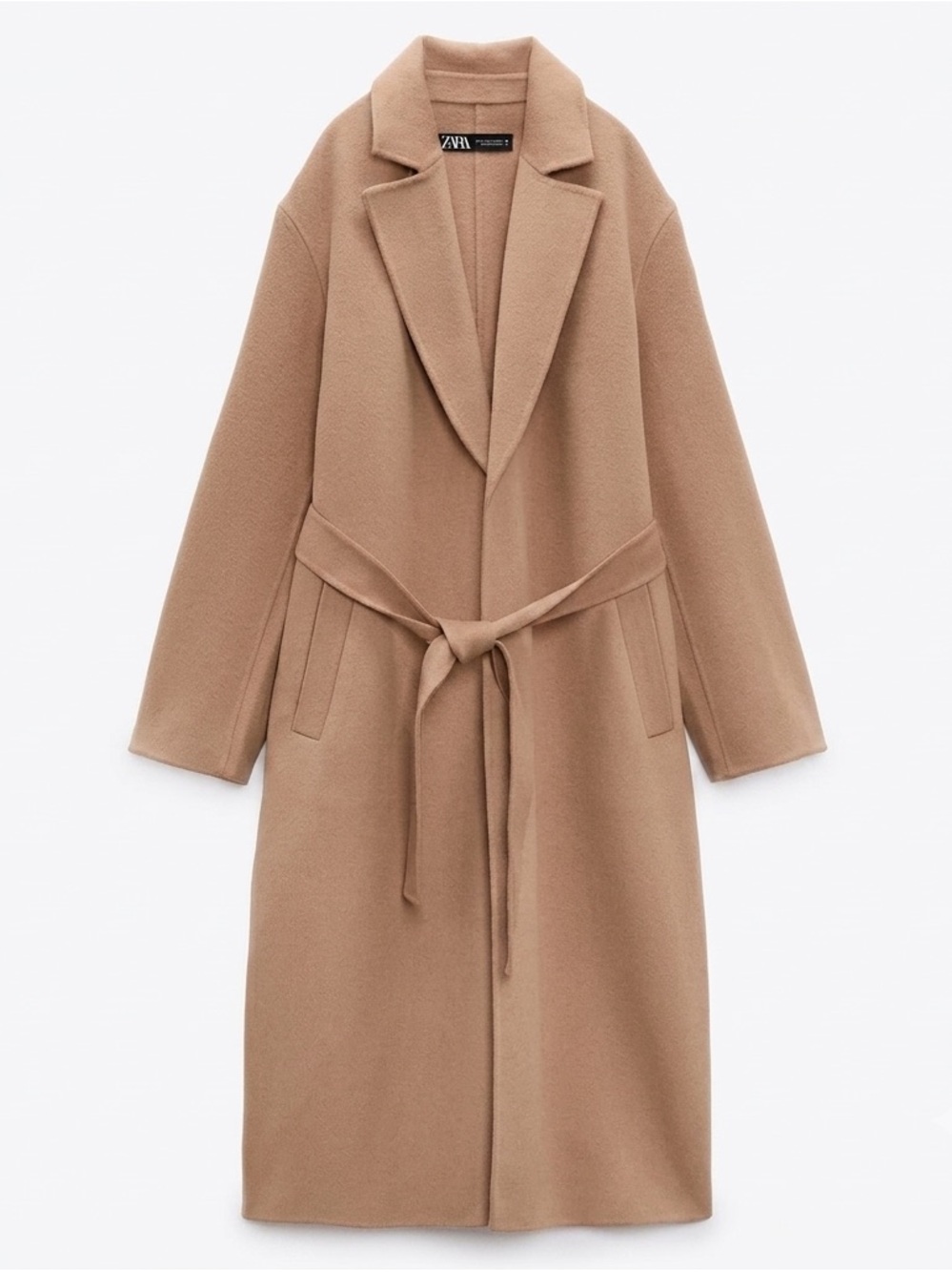 NWOT- Zara Longline Belted Wool Blend Coat Camel